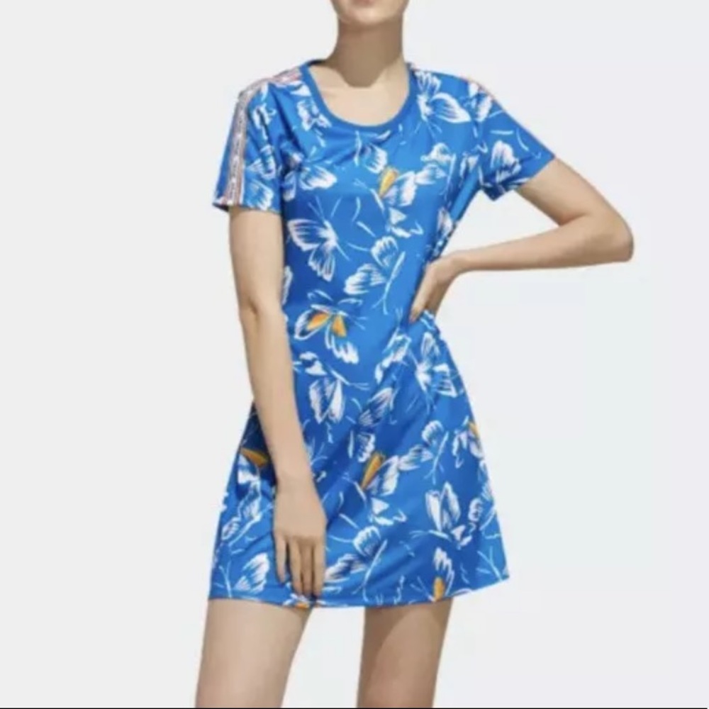 Adidas x FARM Womens Med Athletic Blue Butterfly Rio Print Dress Size XS
